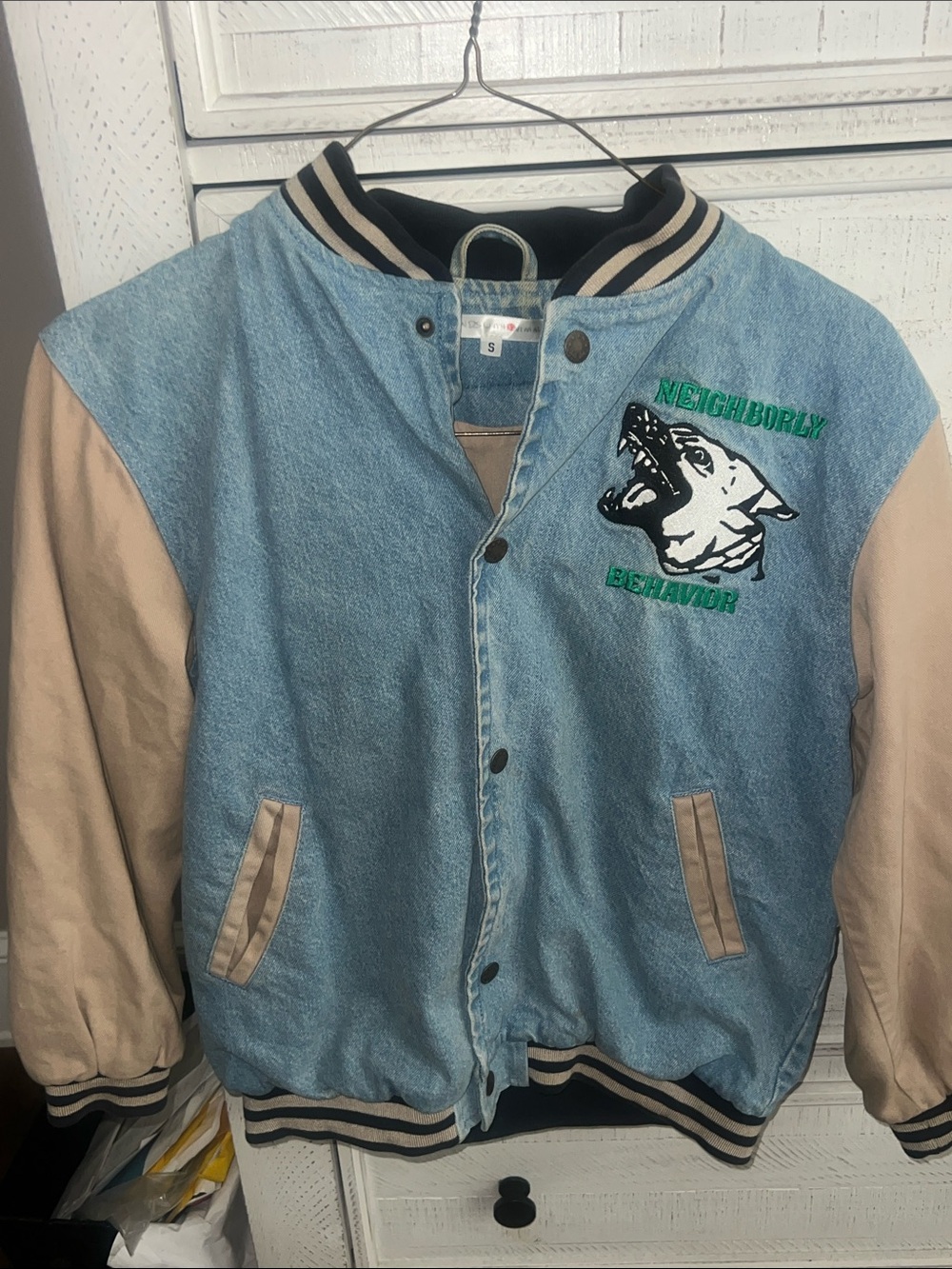 Friends with Animals Light Blue Denim & Tan varsity style jacket, RARE find!
